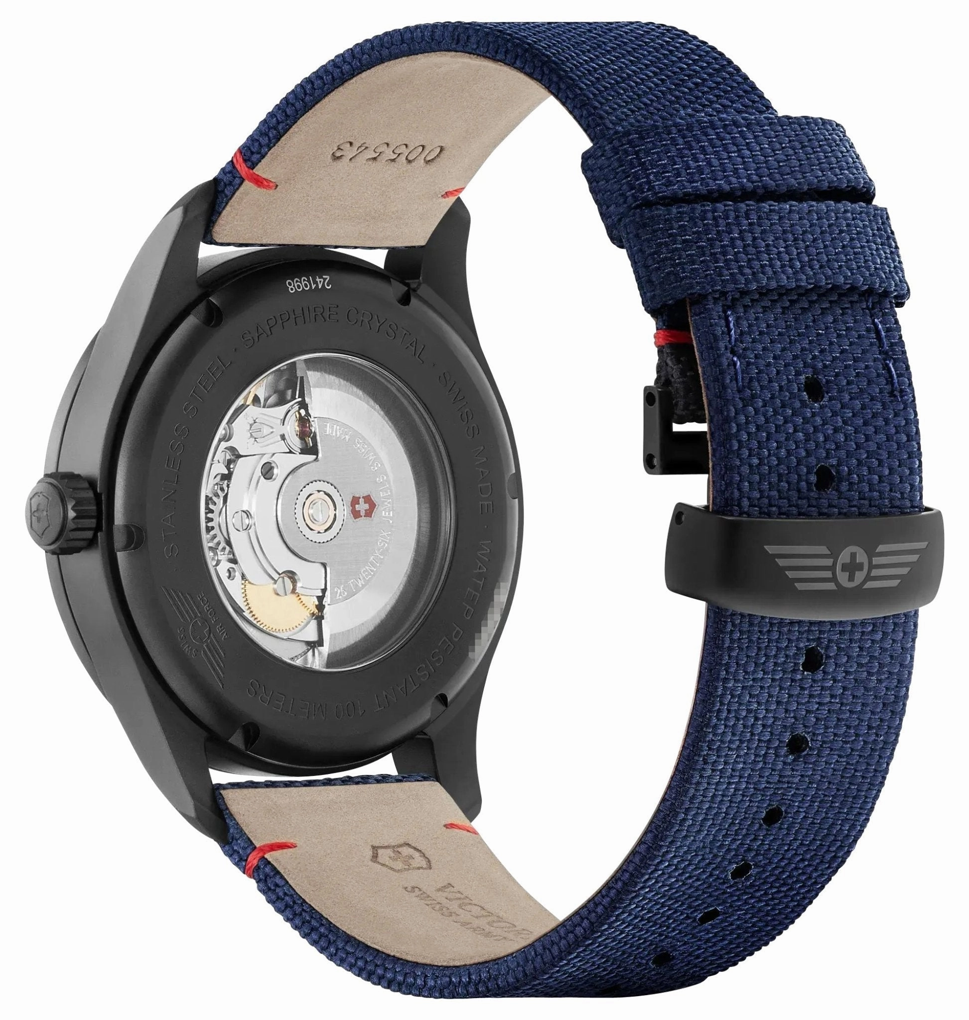 Victorinox Swiss Army Airboss Mechanical Automatic Black Stainless Steel Blue Dial Blue Fabric Strap Date Mens Watch 241998