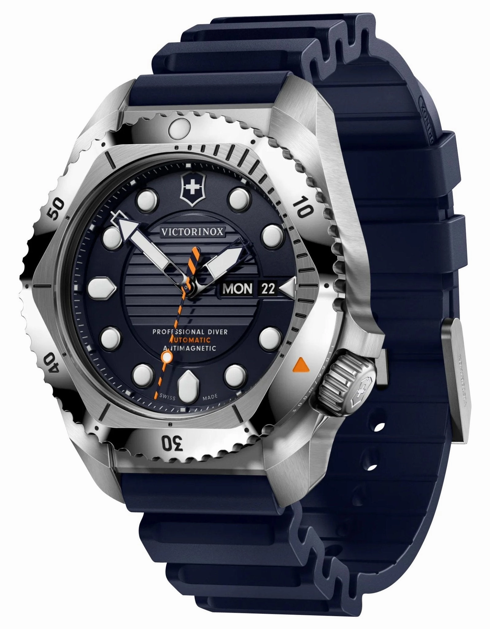 Victorinox Swiss Army Dive Pro Automatic Stainless Steel Blue Dial Blue Rubber Strap Day/Date Divers Mens Watch 241995