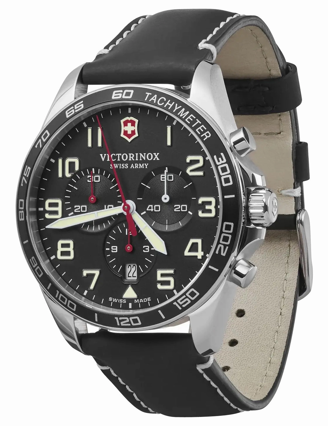 Victorinox Swiss Army Fieldforce Chronograph Stainless Steel Black Dial Black Leather Strap Date Quartz Mens Watch 241852