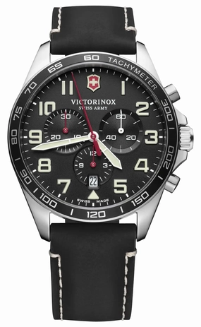 Victorinox Swiss Army Fieldforce Chronograph Stainless Steel Black Dial Black Leather Strap Date Quartz Mens Watch 241852