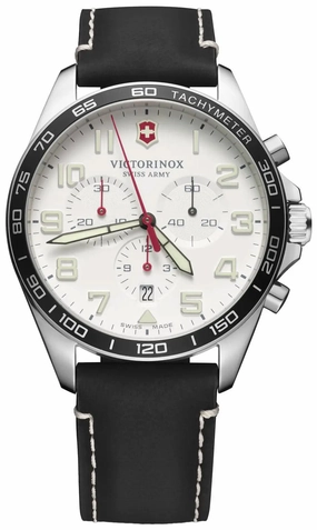 Victorinox Swiss Army FieldForce Chronograph Stainless Steel Black Leather White Dial Date Mens Watch 241853