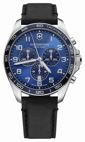 Victorinox Swiss Army Fieldforce Classic Chronograph Stainless Steel Blue Dial Black Leather Strap Date Quartz Mens Watch 241929