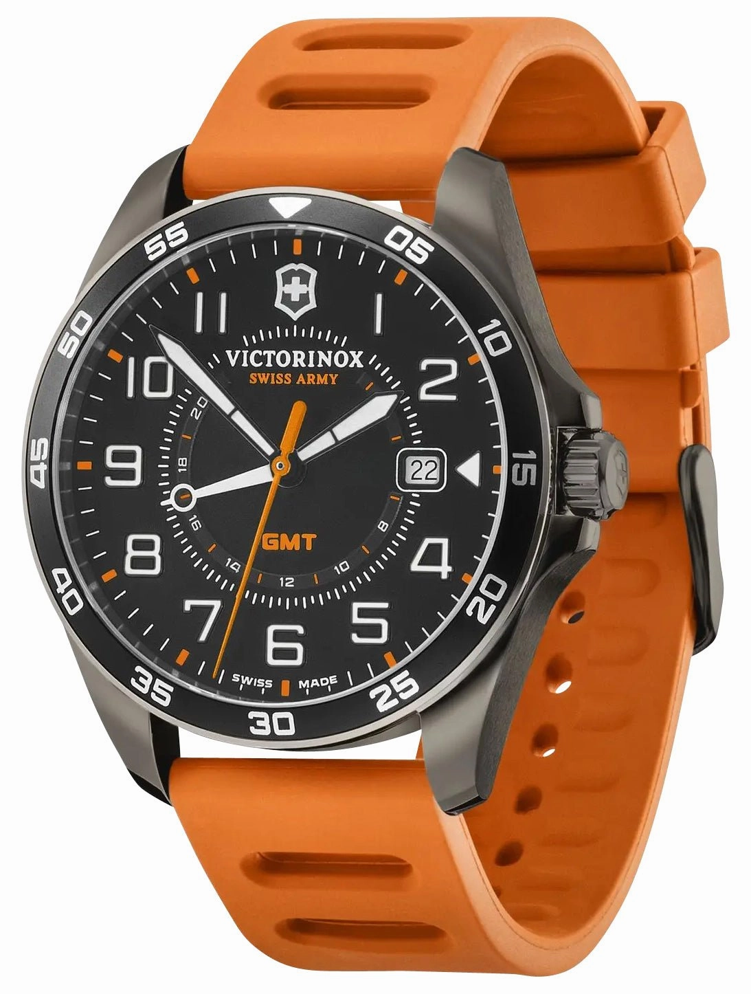 Victorinox Swiss Army Fieldforce Sport GMT Black Stainless Steel Black Dial Orange Rubber Strap Date Quartz Mens Watch 241897