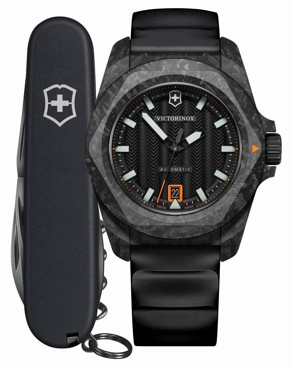 Victorinox Swiss Army I.N.O.X. Automatic Black Carbon Black Dial Black Rubber Strap Date Divers Mens Watch 242023.1