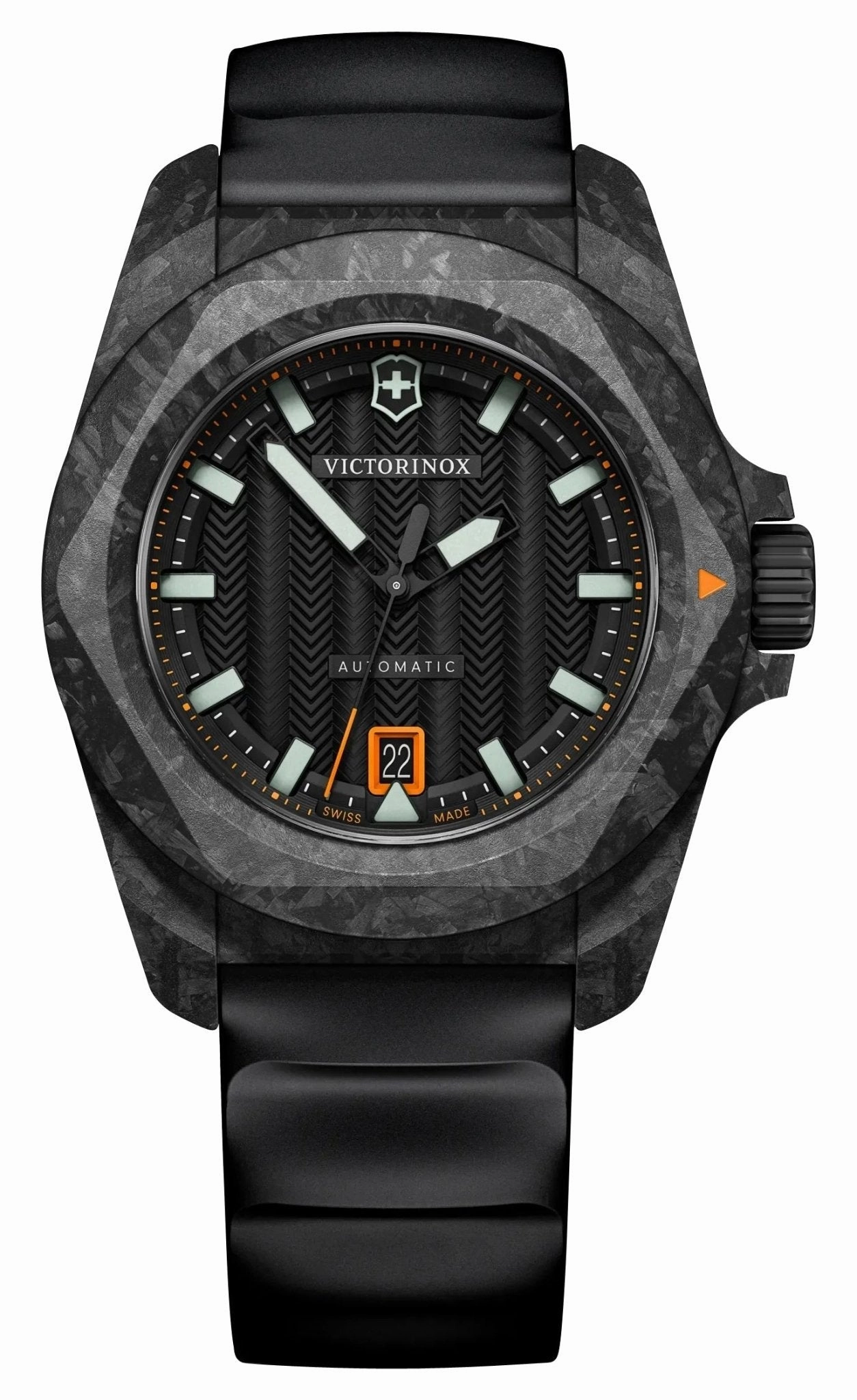 Victorinox Swiss Army I.N.O.X. Automatic Black Carbon Black Dial Black Rubber Strap Date Divers Mens Watch 242023.1