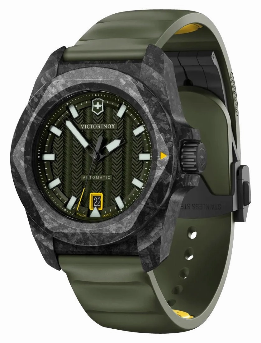 Victorinox Swiss Army I.N.O.X. Automatic Black Carbon Green Dial Green Rubber Strap Date Divers Mens Watch 242021.1