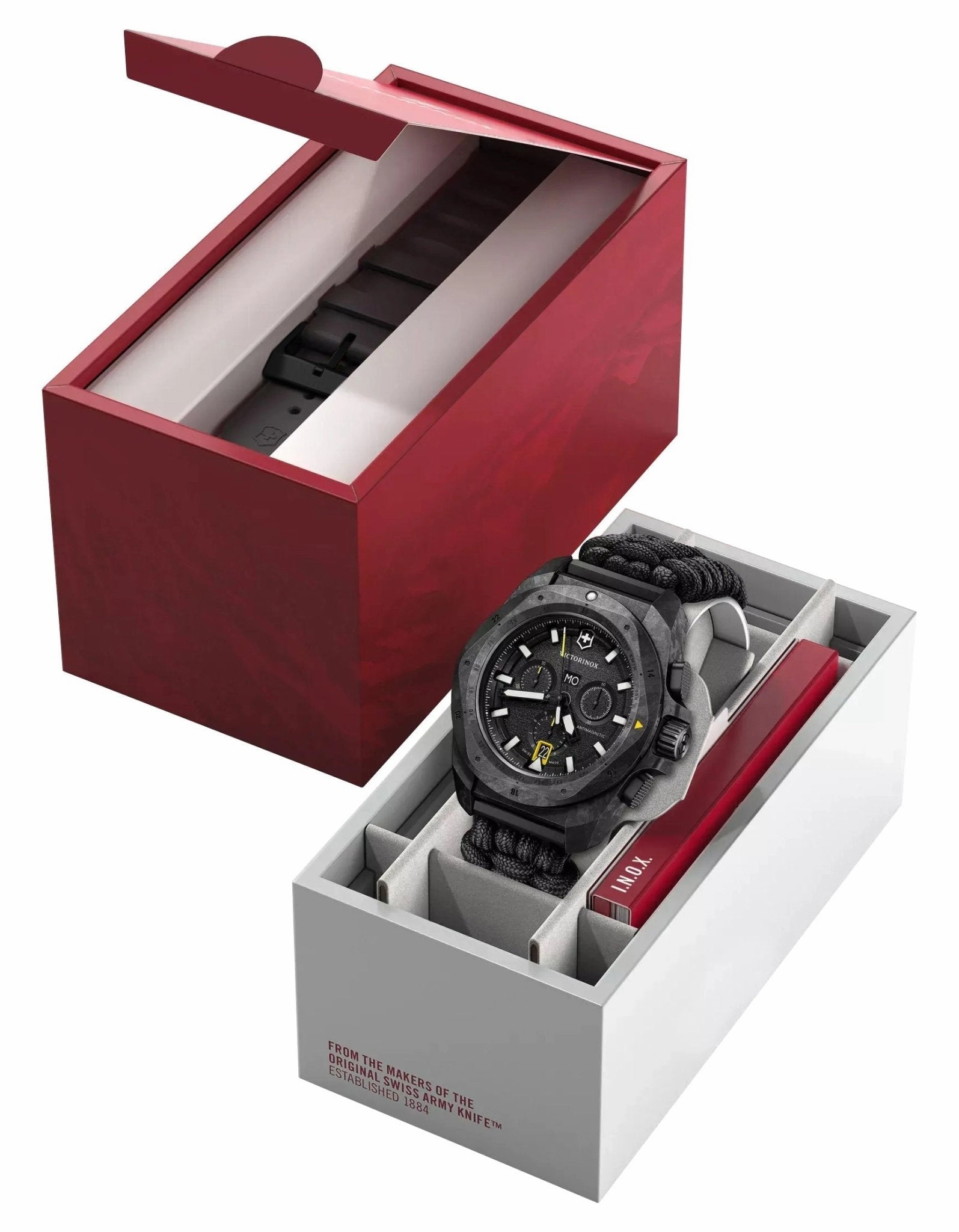 Victorinox Swiss Army I.N.O.X. Chronograph Black Carbon Black Dial Black Nylon Interchangeable Black Rubber Strap Day/Date Divers Quartz Mens Watch 241989.1