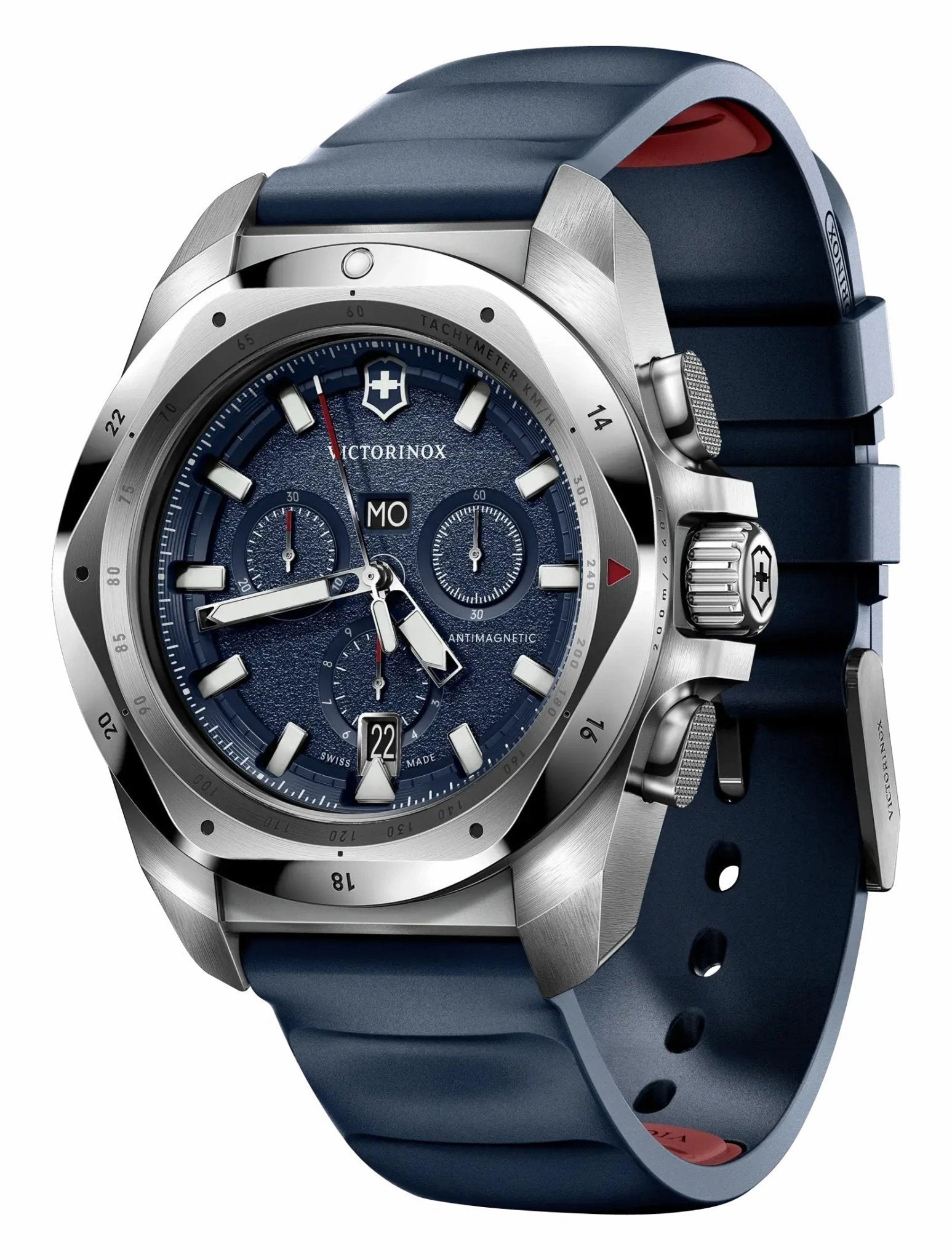 Victorinox Swiss Army I.N.O.X. Chronograph Stainless Steel Blue Dial Blue Rubber Strap Day/Date Divers Quartz Mens Watch 241984