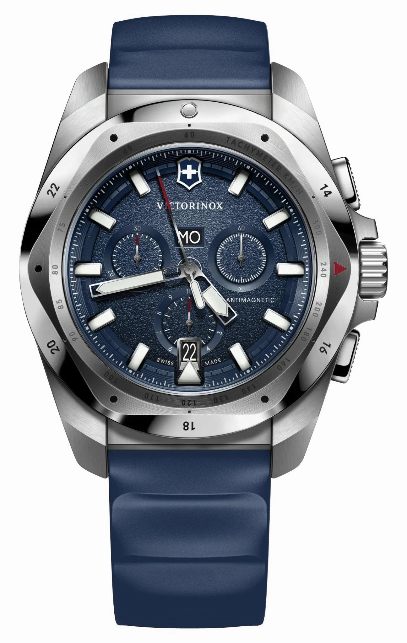 Victorinox Swiss Army I.N.O.X. Chronograph Stainless Steel Blue Dial Blue Rubber Strap Day/Date Divers Quartz Mens Watch 241984