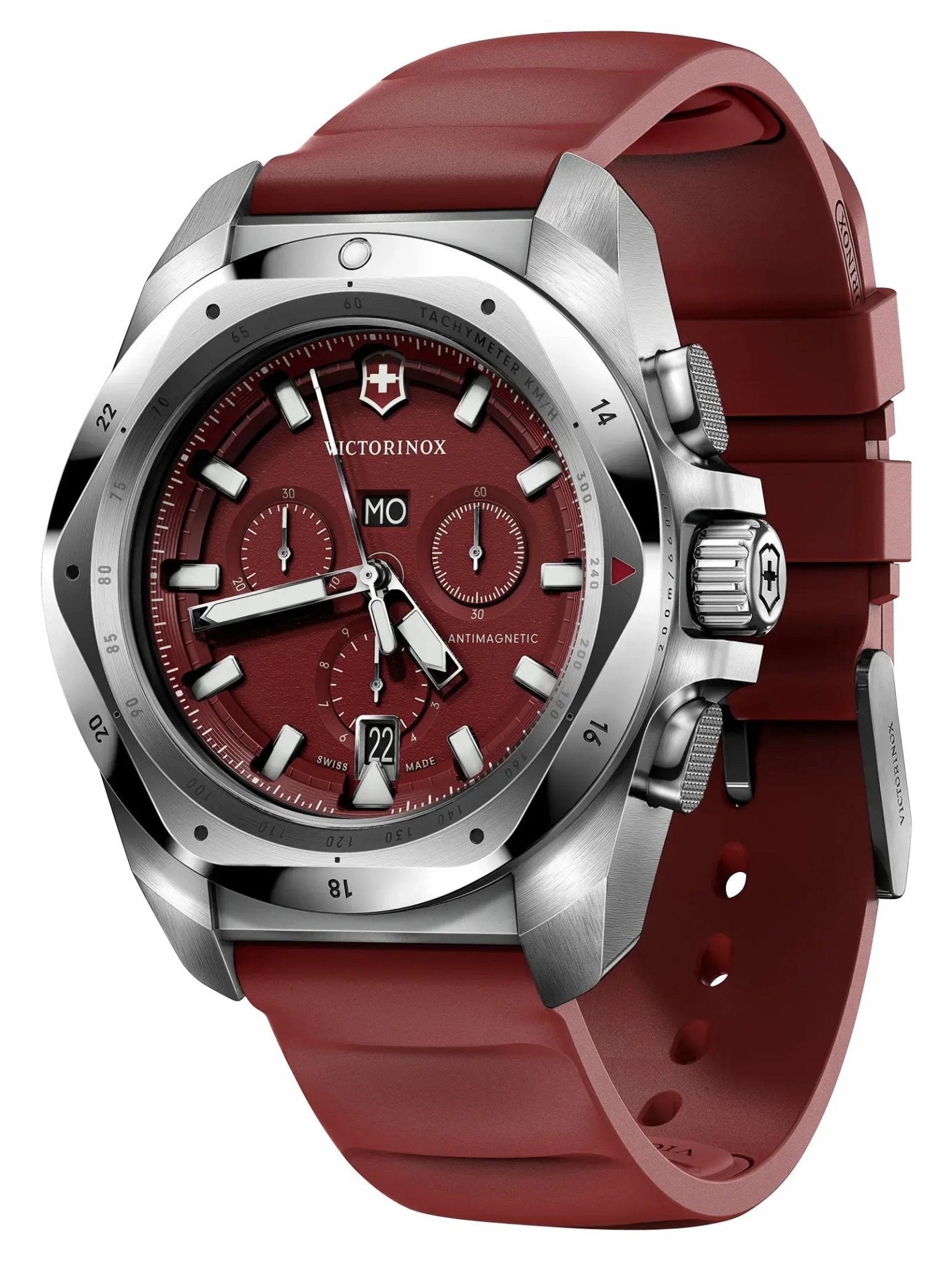 Victorinox Swiss Army I.N.O.X. Chronograph Stainless Steel Red Dial Red Rubber Strap Day/Date Divers Quartz Mens Watch 241986
