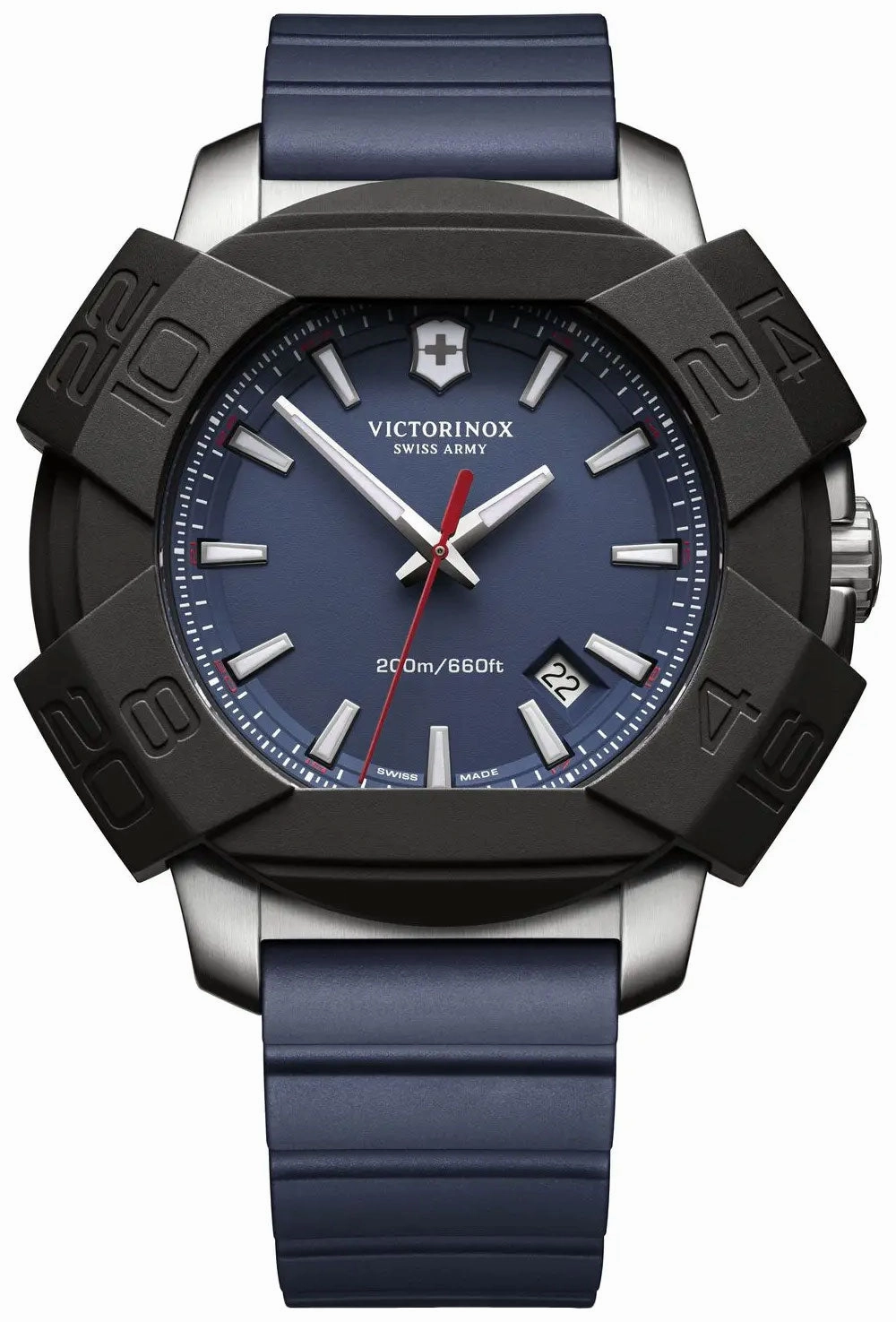 Victorinox Swiss Army INOX Stainless Steel Mens Watch Calendar Blue Rubber Strap 241688.1