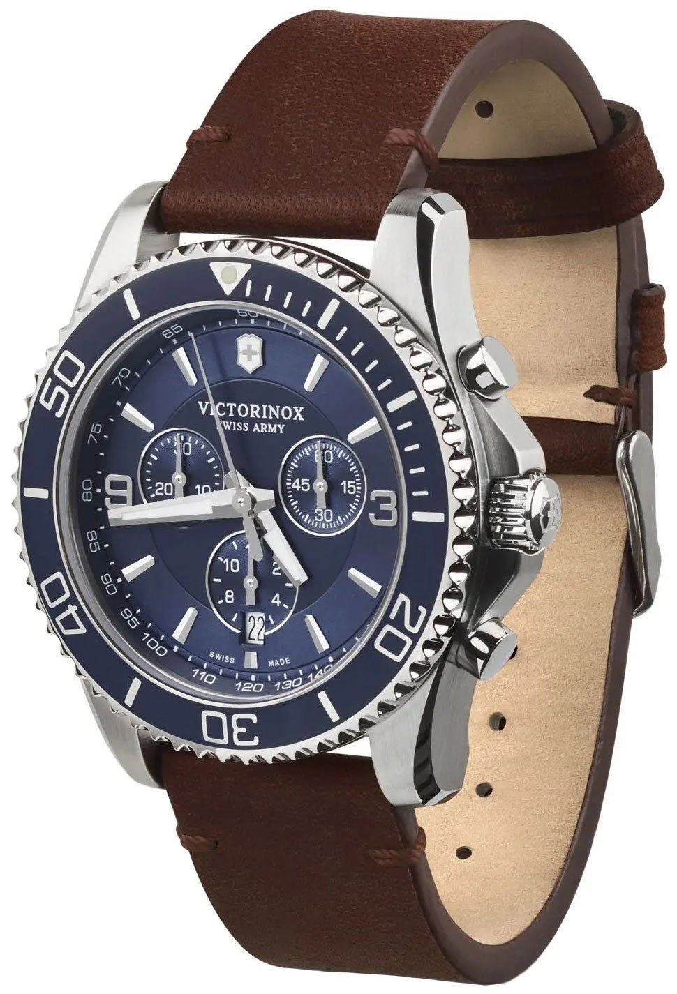 Victorinox Swiss Army Maverick Chronograph Stainless Steel Brown Leather Blue Dial Date Mens Watch 241865