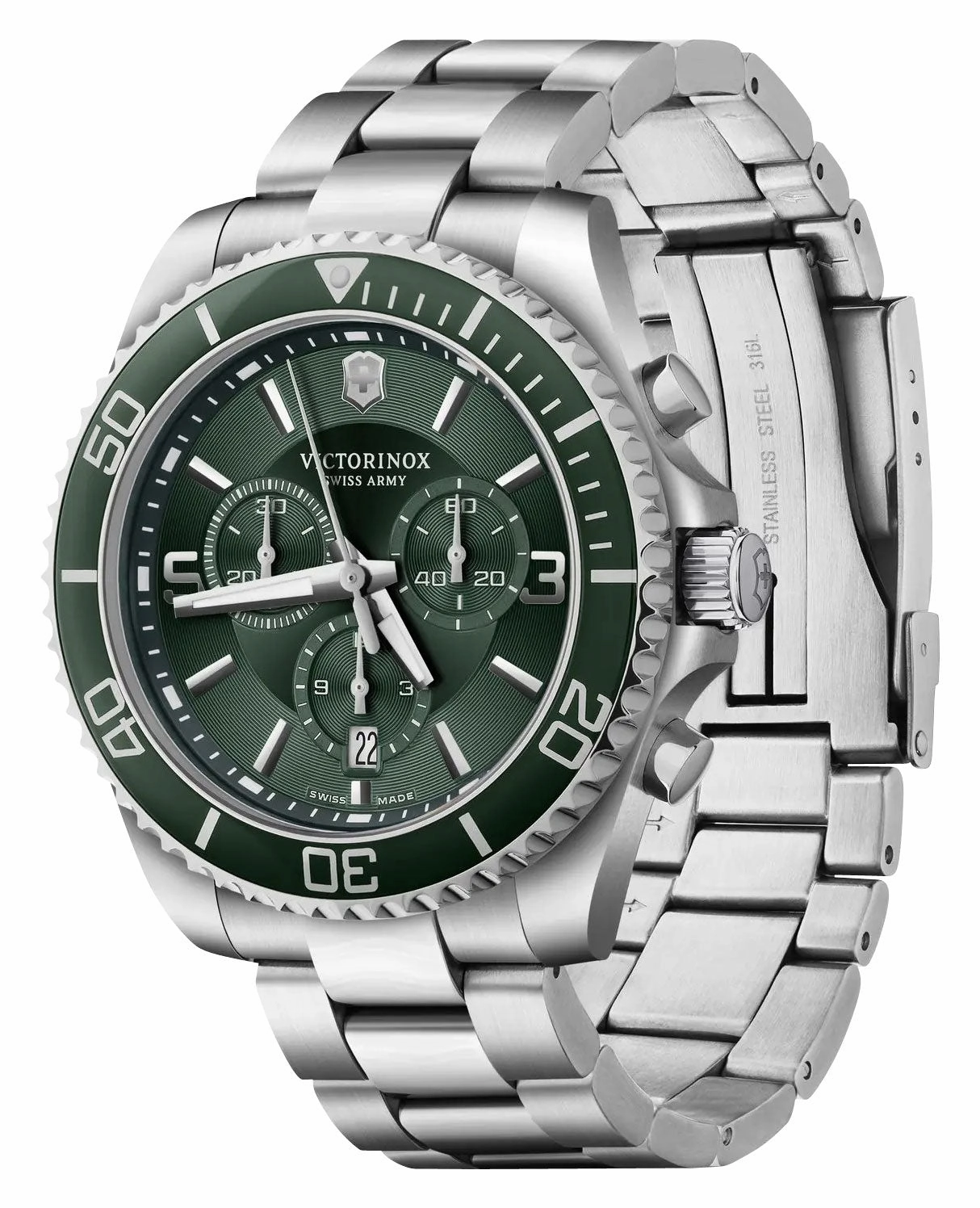 Victorinox Swiss Army Maverick Chronograph Stainless Steel Green Dial Date Quartz Mens Watch 241946