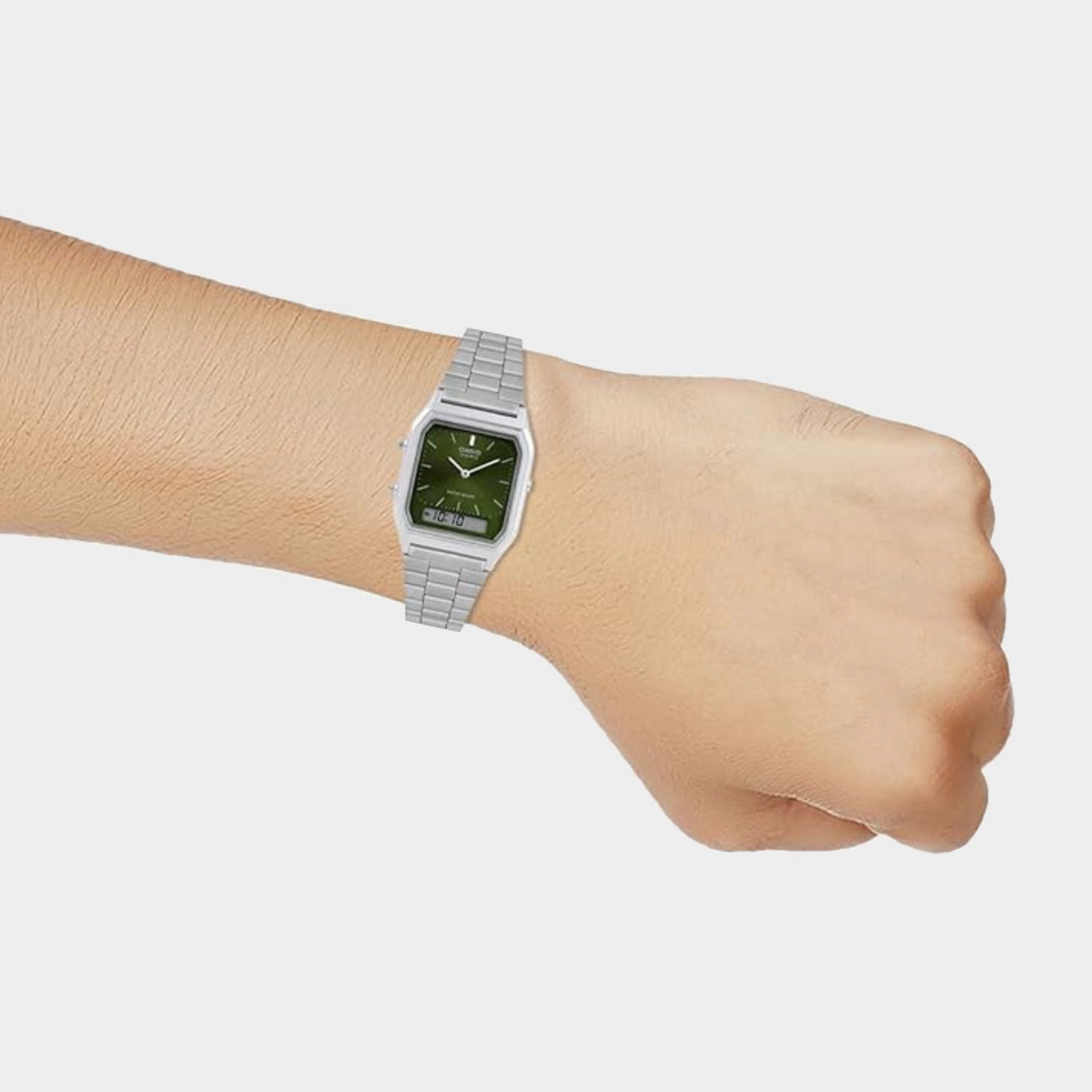 Vintage Unisex Quartz Green Dial Analog-Digital Stainless Steel Watch AQ-230A-3AMQYDF - AD278