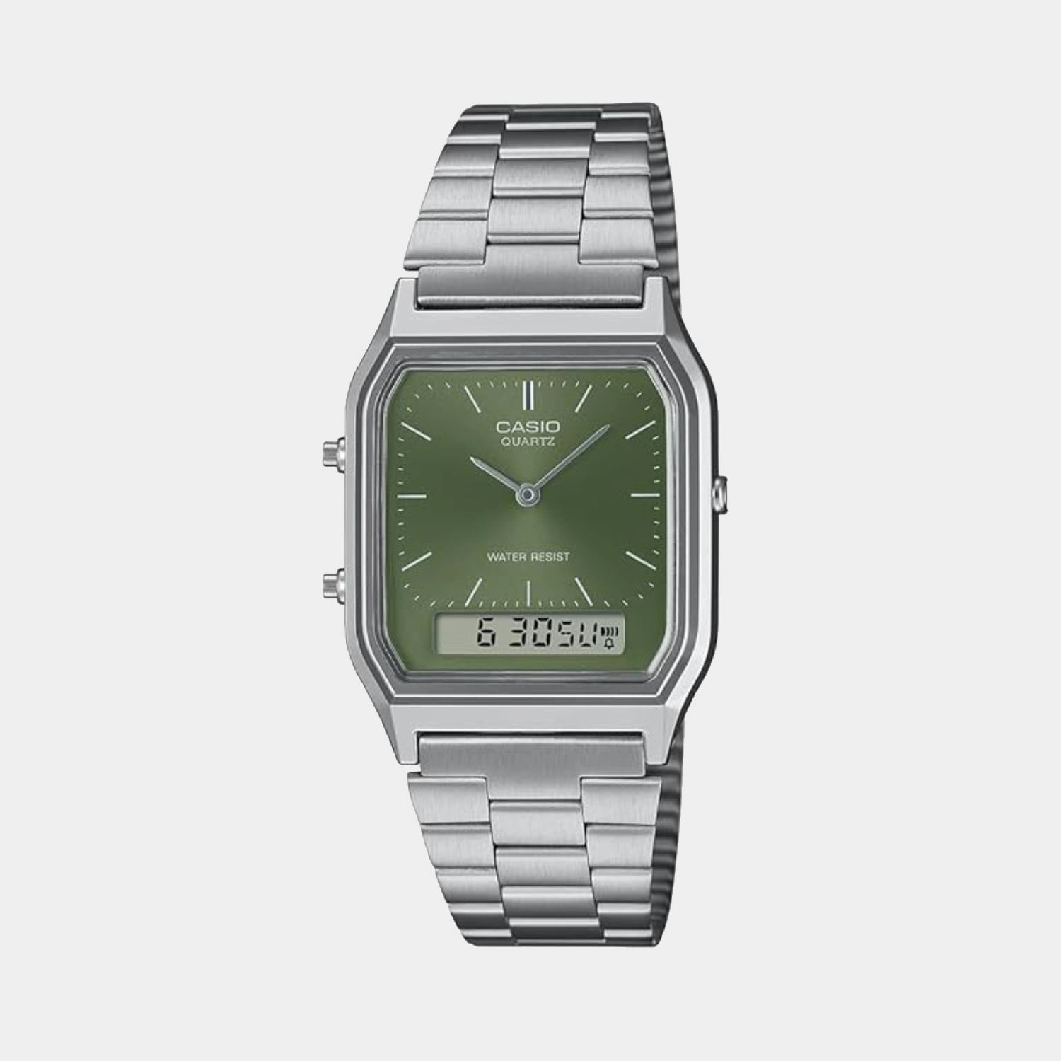 Vintage Unisex Quartz Green Dial Analog-Digital Stainless Steel Watch AQ-230A-3AMQYDF - AD278