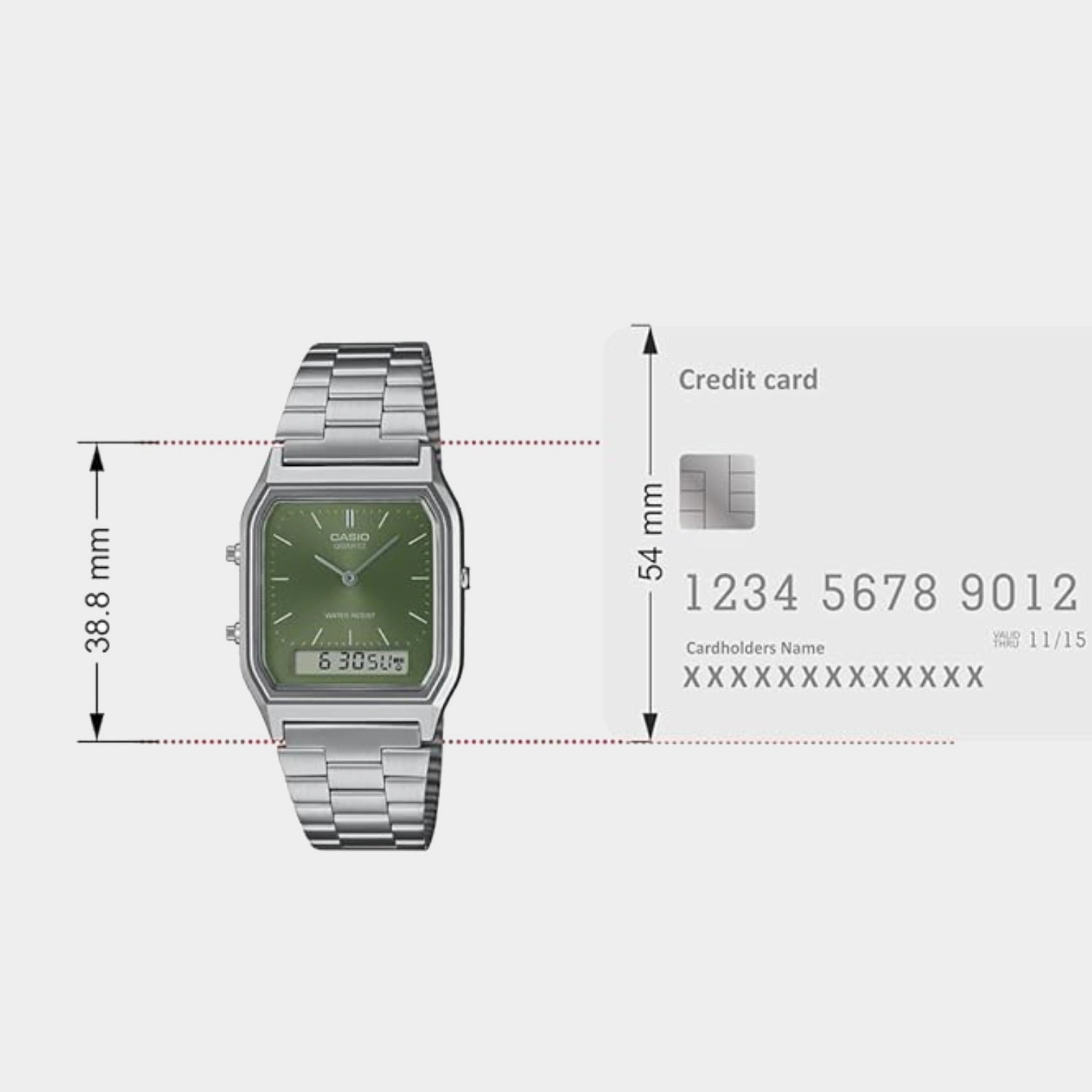 Vintage Unisex Quartz Green Dial Analog-Digital Stainless Steel Watch AQ-230A-3AMQYDF - AD278