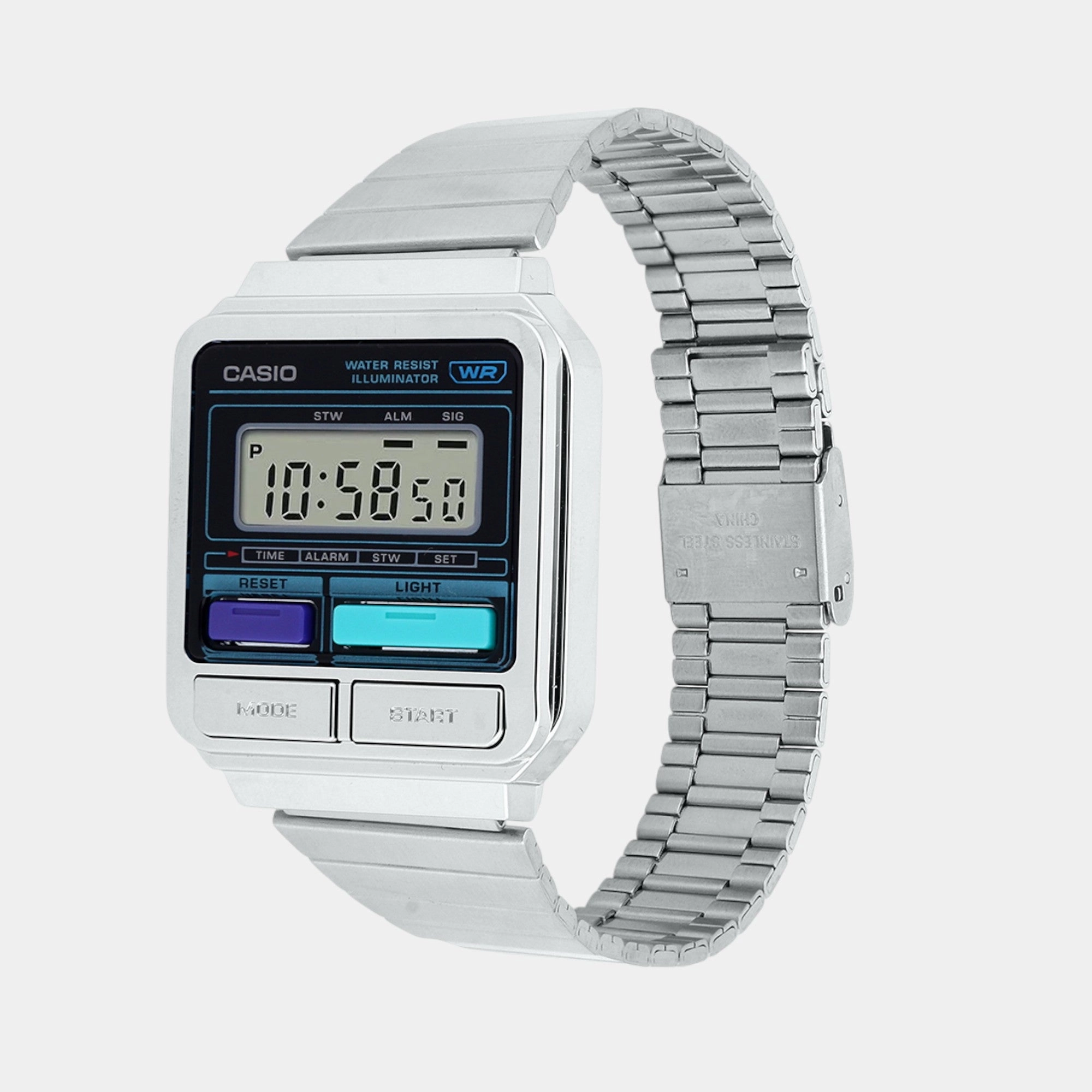 Vintage Unisex Quartz Silver Dial Digital Stainless Steel Watch A120WE-1ADF D321
